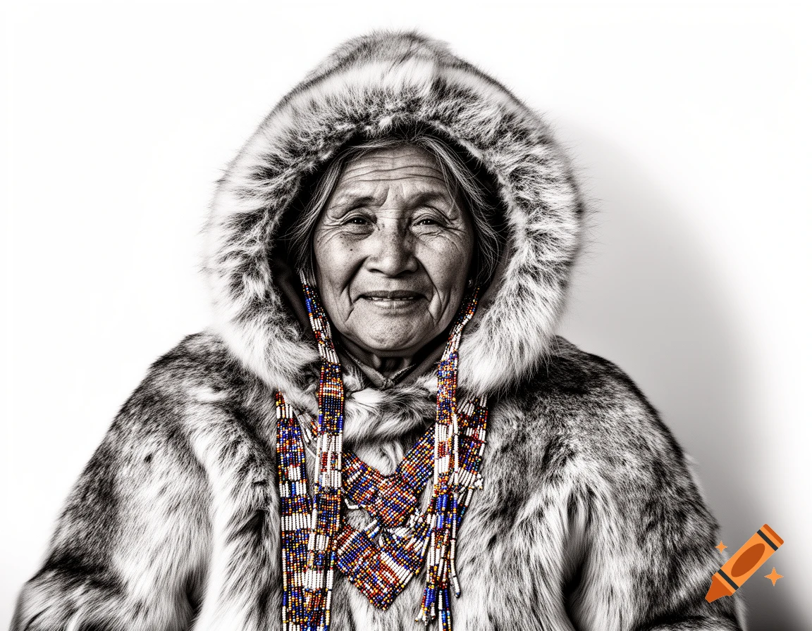 A black and white portrait of an elderly Indigenous person in a fur-lined parka with colorful beaded necklaces, smiling at the camera.