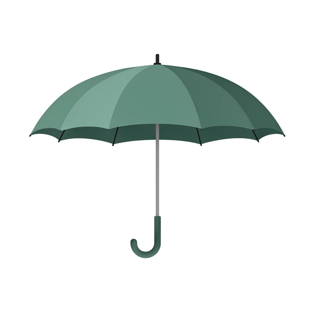 contemporary 2D stock illustration, clean simplified natural forms, flat color areas with gentle soft gradient shading, rounded believable proportions, restrained detail, no outer outlines, no texture or grain, non-photorealistic. A closed umbrella as a clean standalone cutout asset, centered on a pure white background. One dominant fabric color, simple curved handle, restrained rib detail. Believable 2D stock-illustration object proportions, not toy-like, not icon-like, not 3D. Clear readable silhouette with comfortable padding, no cast shadow, no floor shadow, no extra scenery, no text.