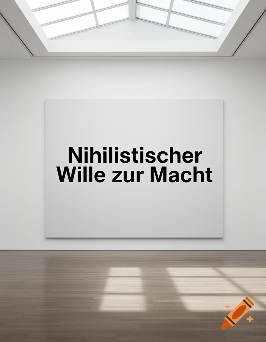 A large white canvas with the German text 'Nihilistischer Wille zur Macht' in a minimalist art gallery with a wooden floor and skylight.