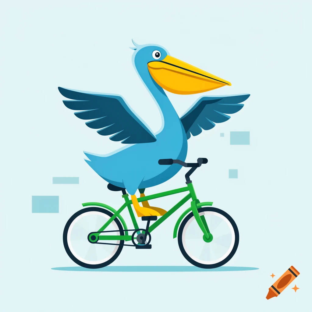 A blue cartoon pelican with a yellow beak and feet rides a green bicycle with its wings spread against a light blue background.