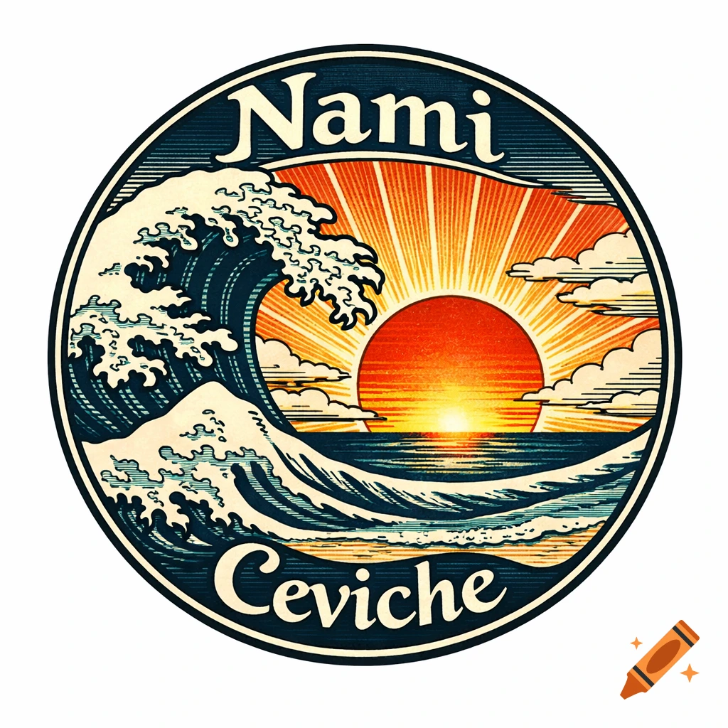 A circular logo in Japanese block print style, featuring a large wave, a setting sun, and the text "Nami Ceviche".