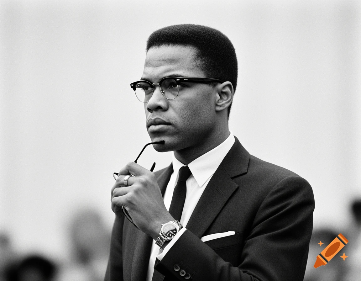 Black and white portrait of a serious man in a suit and tie, wearing glasses, holding a pair of glasses.