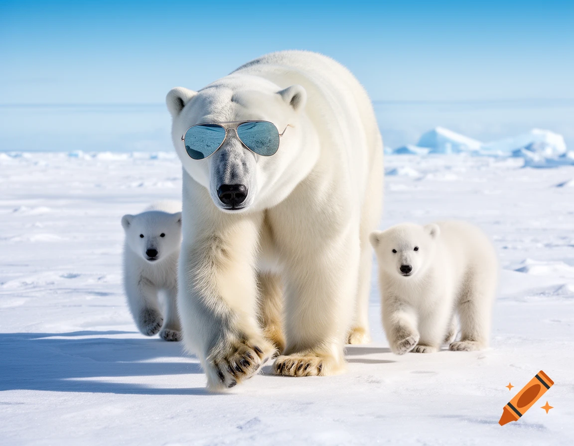 A large polar bear wearing sunglasses walks in the snow with two small cubs behind it in a sunny arctic landscape.