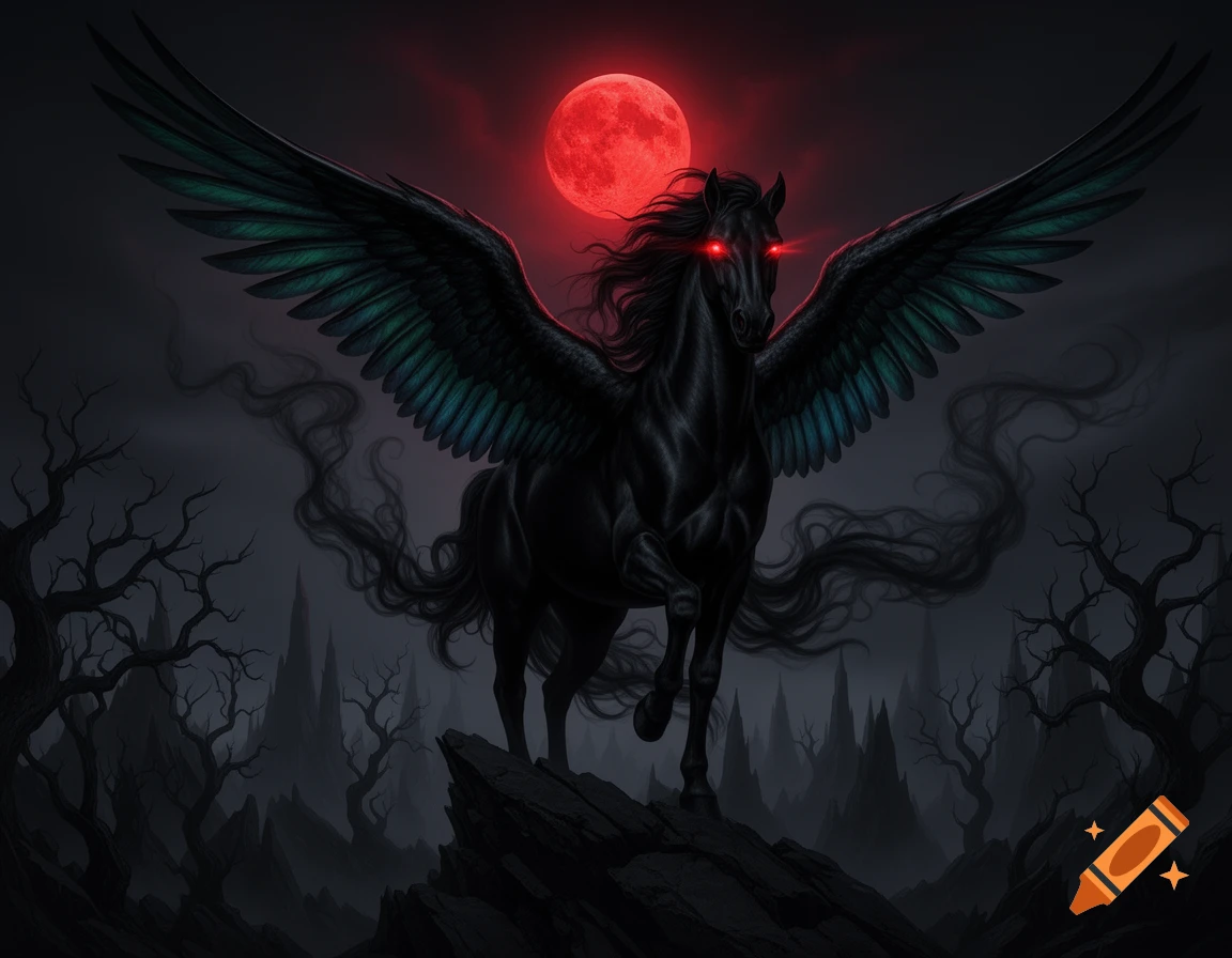 A dark pegasus with glowing red eyes stands on a rock under a blood-red moon in a gothic, barren landscape.