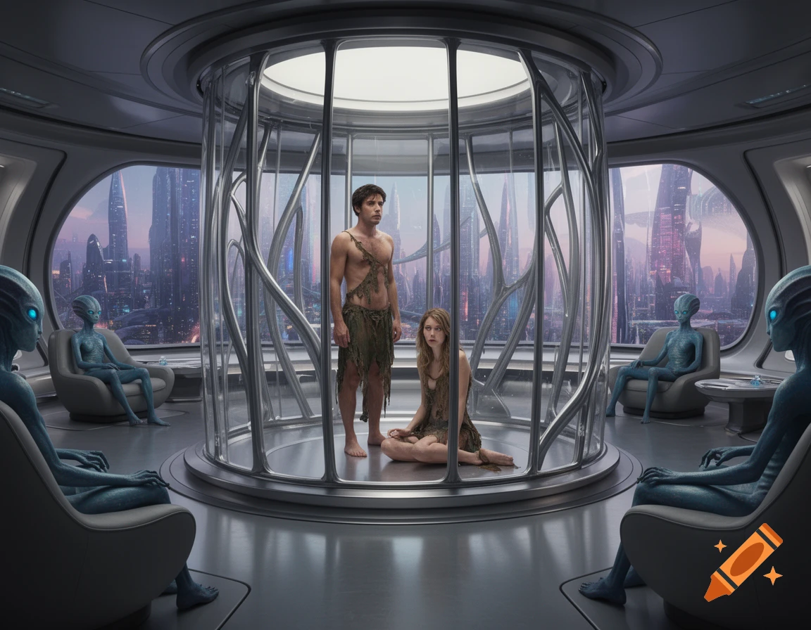 A photorealistic image of a man and woman in torn clothes caged in a futuristic room, being watched by several blue-skinned aliens.