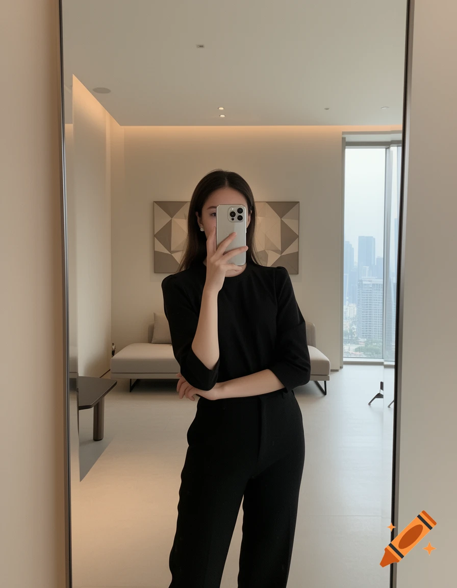 A young woman in a black shirt and pants takes a mirror selfie with her phone covering her face in a modern room with a city view.