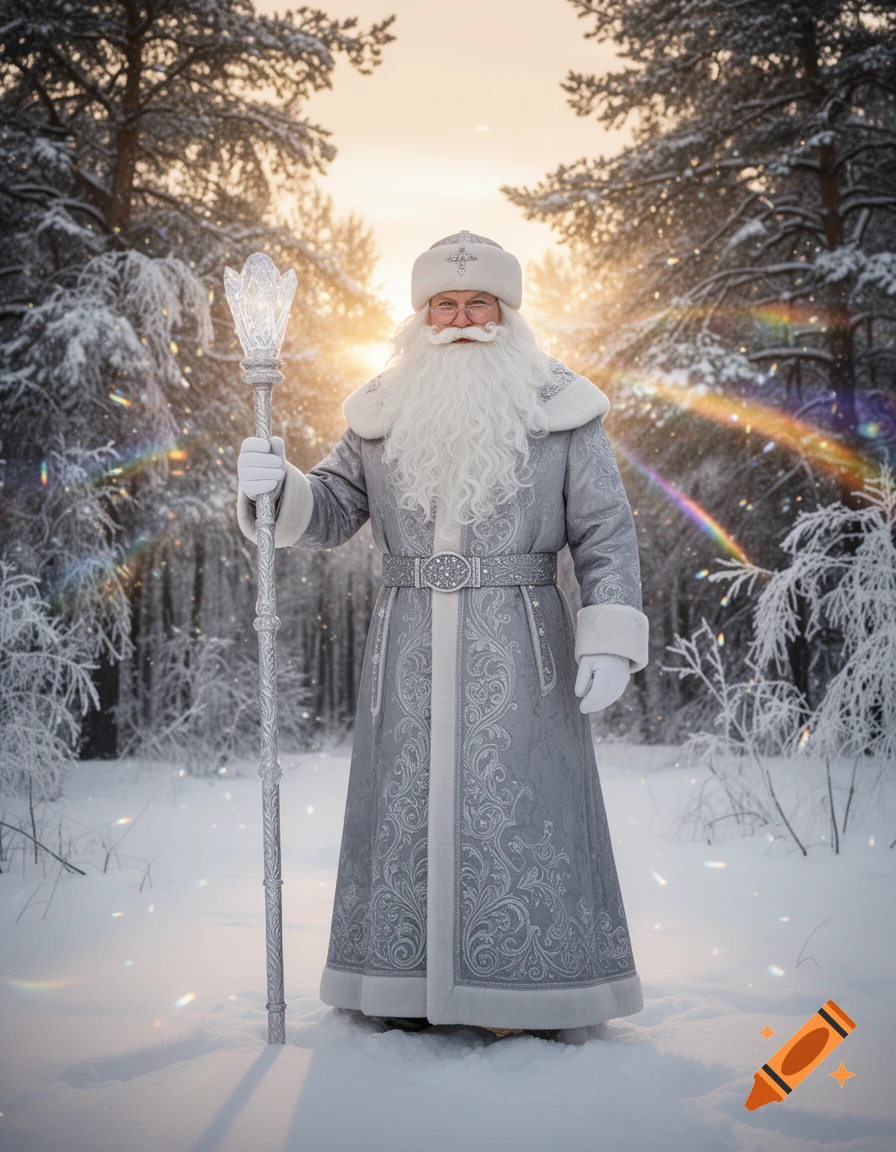 Ded Moroz in an ornate silver and white coat, holding a glowing staff in a magical snowy forest at sunset.