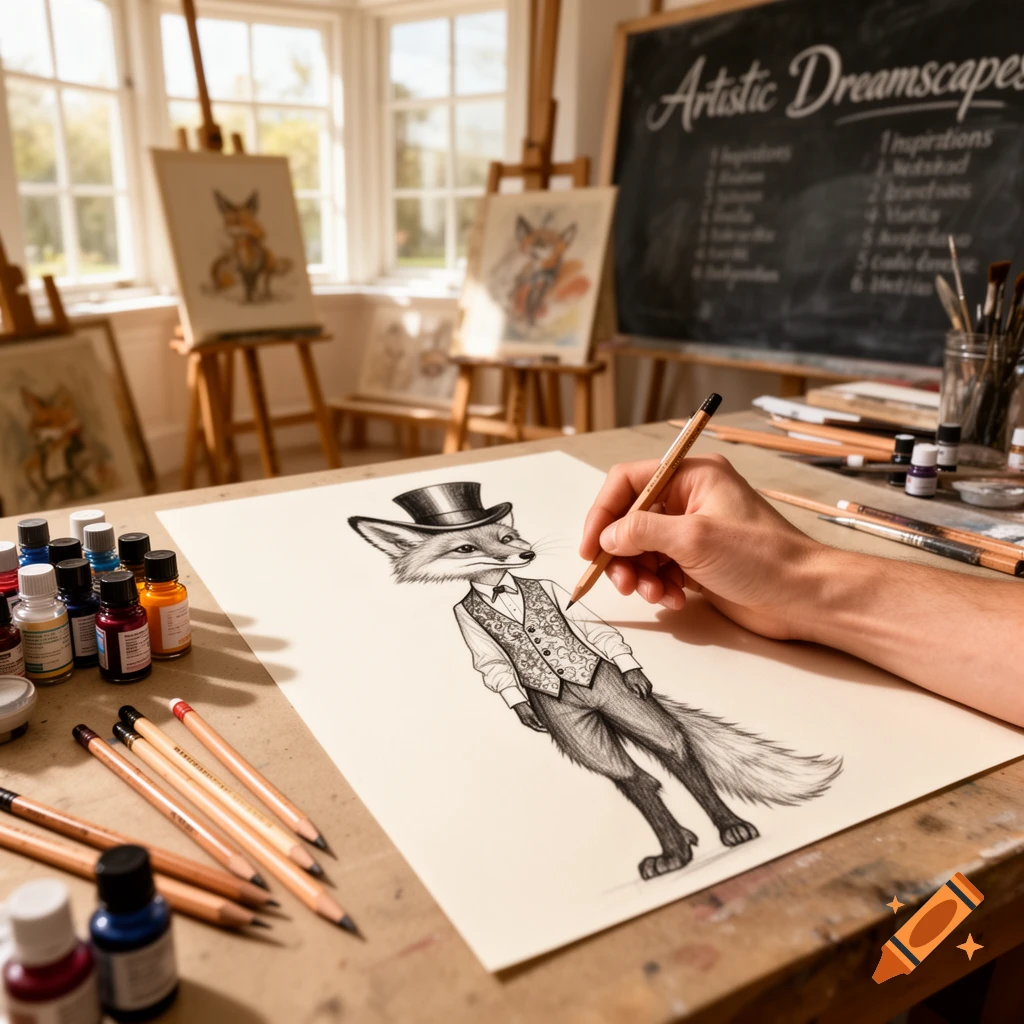 A person's hand draws a detailed illustration of a fox in a top hat and waistcoat in an art studio.