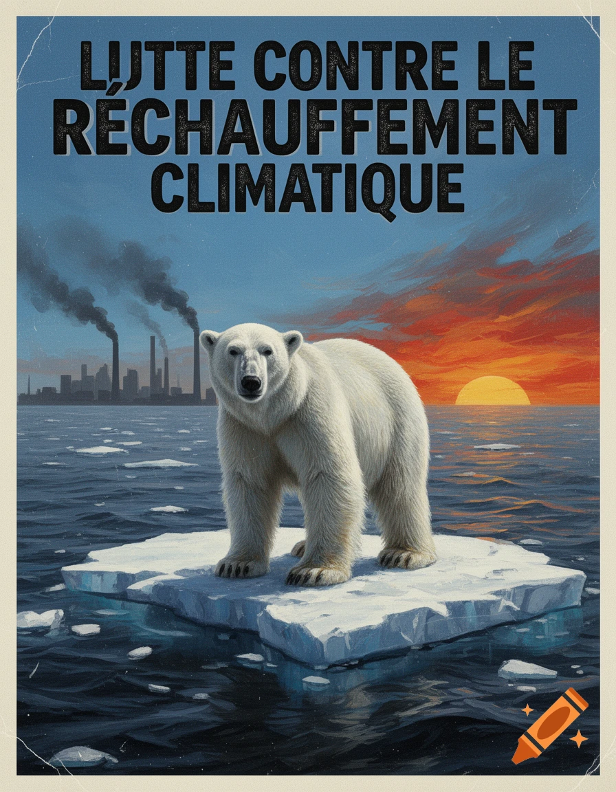 A polar bear stands on a melting ice floe in a vintage-style climate change poster, with city pollution and a sunset in the background. Text: 'Fight Against Global Warming'.