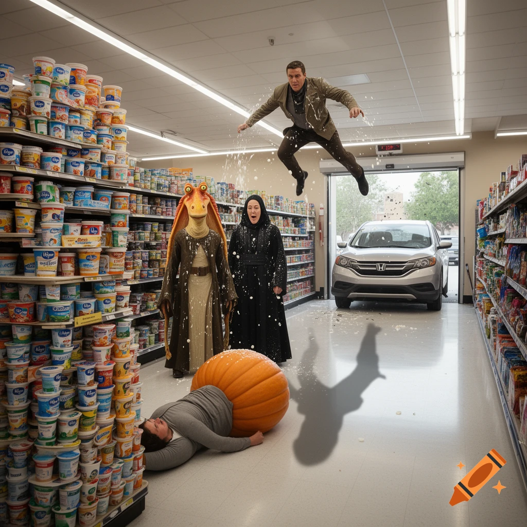 A man jumps in a grocery store, spraying liquid, while Jar Jar Binks and a woman look on. Another man lies on the floor with a giant pumpkin, and a car is visible in the background.