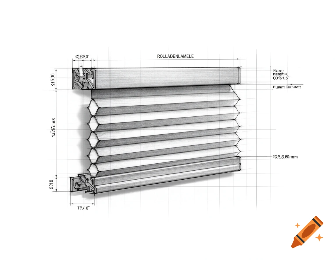 A detailed technical drawing of a roller shutter slat in a sketch style, showing a cross-section with dimensions and labels.