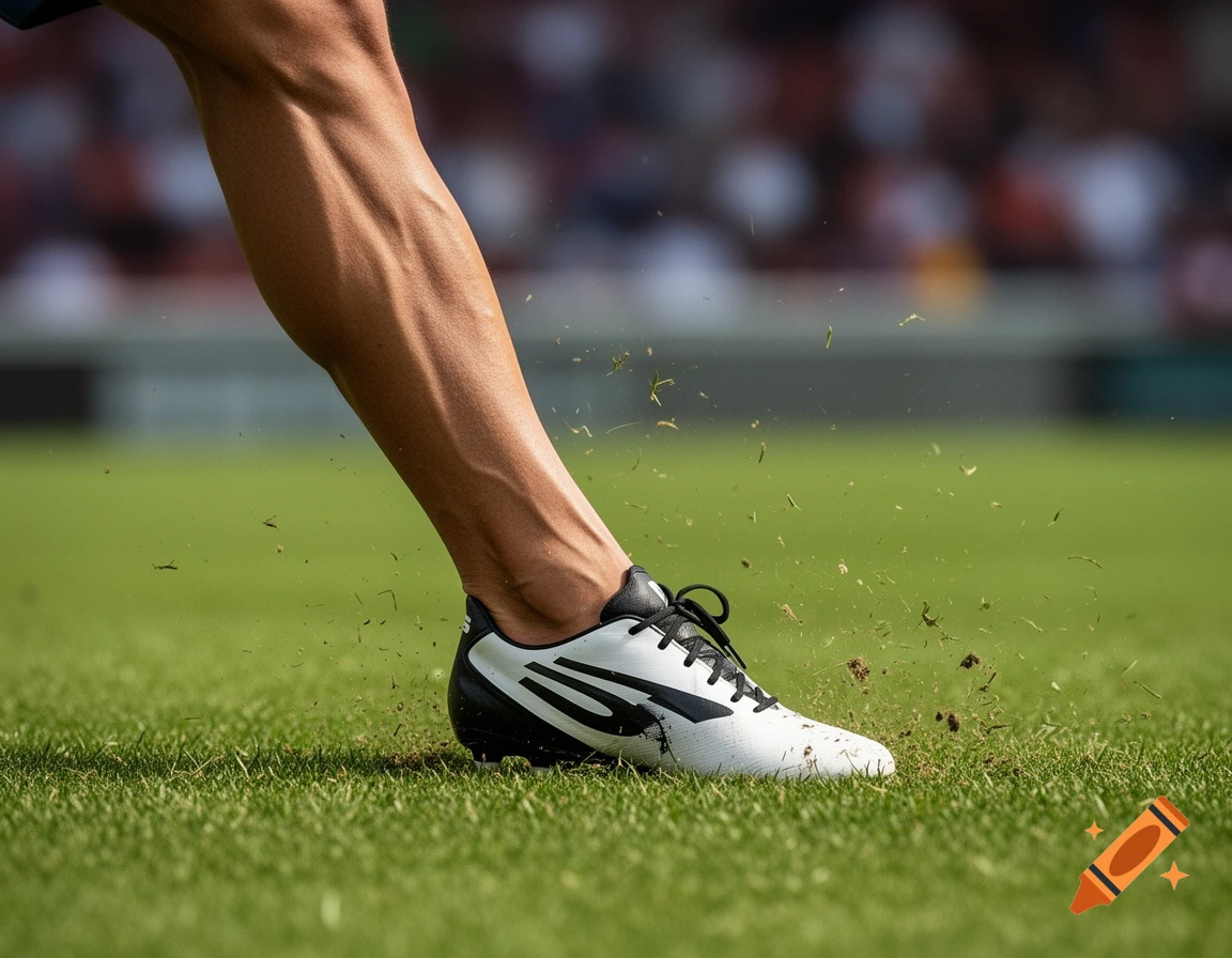 Close-up of a muscular leg in a white and black football boot kicking up grass and dirt on a green field.