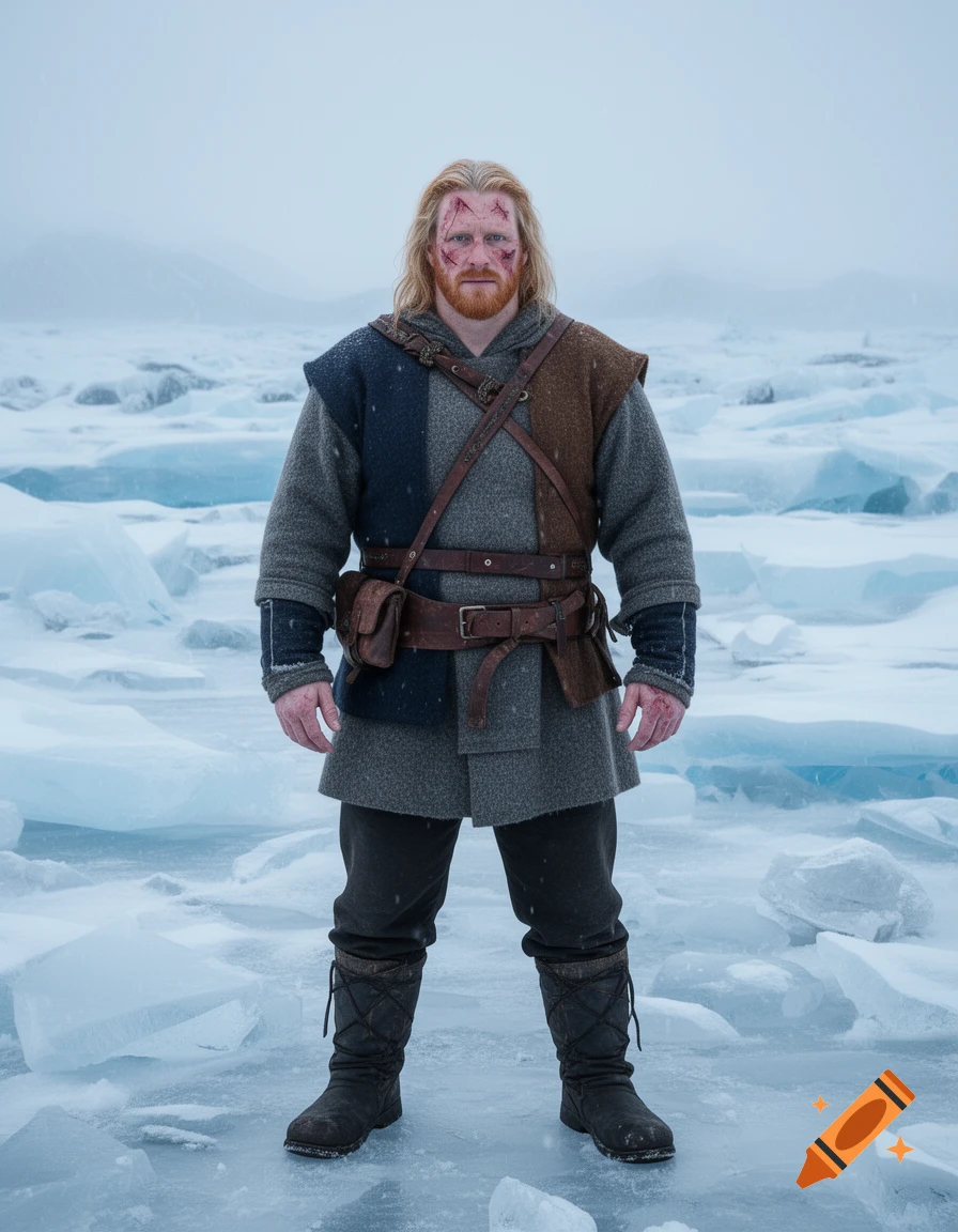 A rugged man with long blond hair, a reddish beard, and facial scars stands in a vast icy landscape, dressed in warm, functional winter clothing with leather straps.
