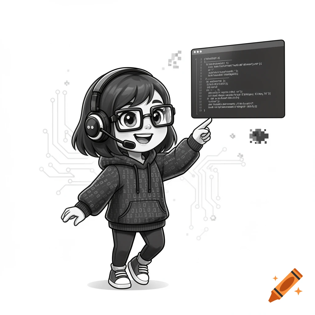 A cute black and white cartoon girl wearing glasses, a headset, and a hoodie with binary numbers, pointing at a screen displaying garbled code, with circuit board patterns in the background.