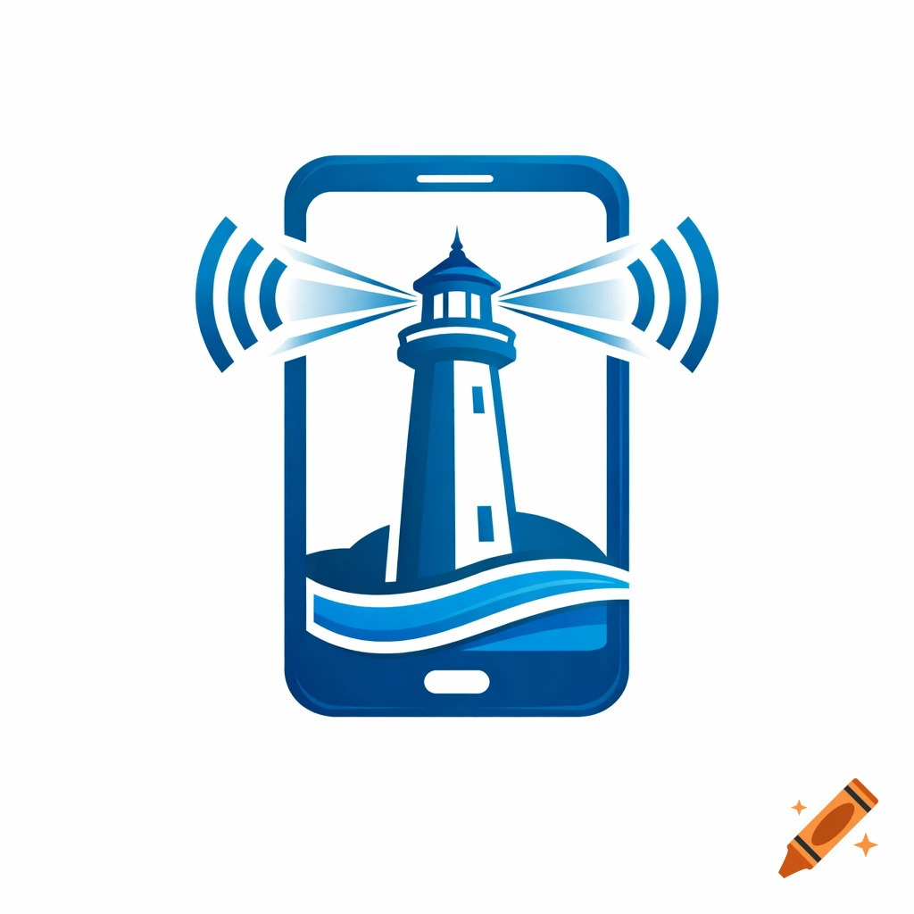 A blue logo combining a lighthouse inside a smartphone, with waves below and signal waves emanating from the top.