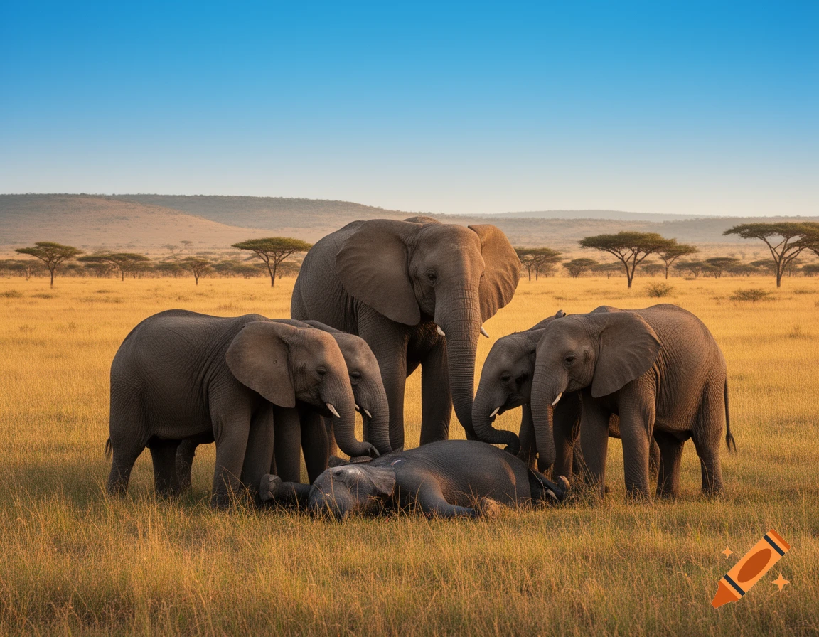 Photorealistic image of a group of elephants gathered around a fallen elephant in a golden savanna, with acacia trees in the background.