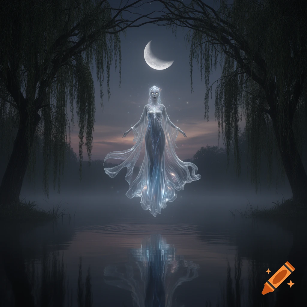 Ethereal glowing female spirit in a translucent dress floats over misty water under a crescent moon at night, flanked by willow trees.