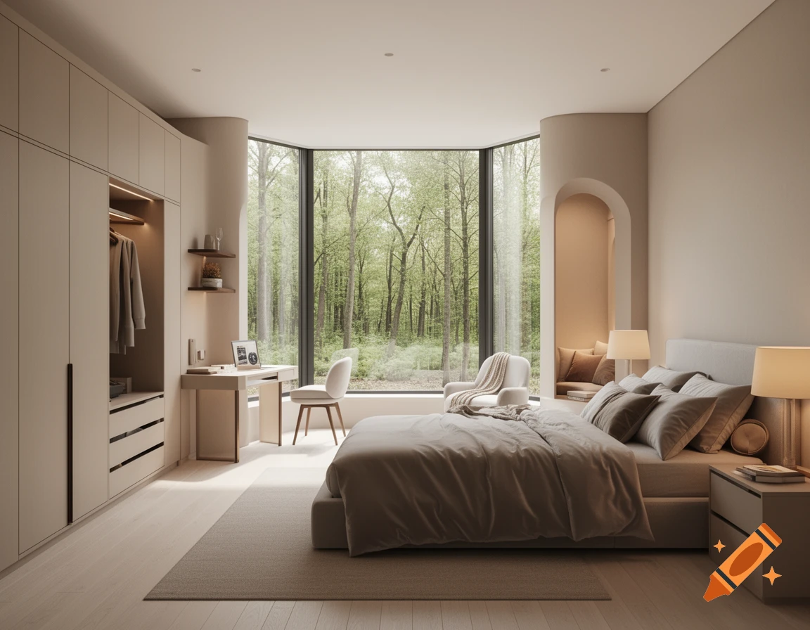 A modern, minimalist bedroom with a large bed, desk, and wardrobe, featuring a full-height window overlooking a lush forest.
