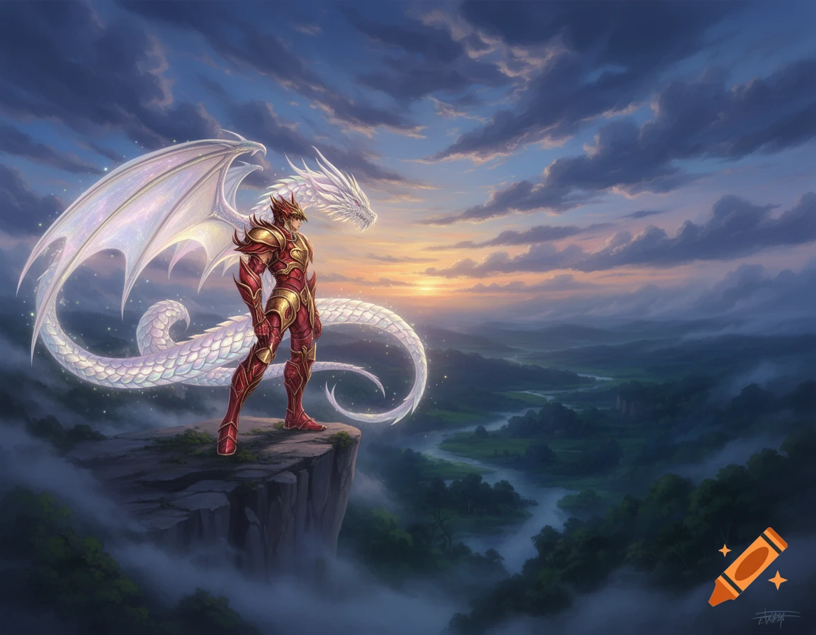 A person in red and gold armor stands on a cliff with a white dragon, overlooking a misty valley at sunset.
