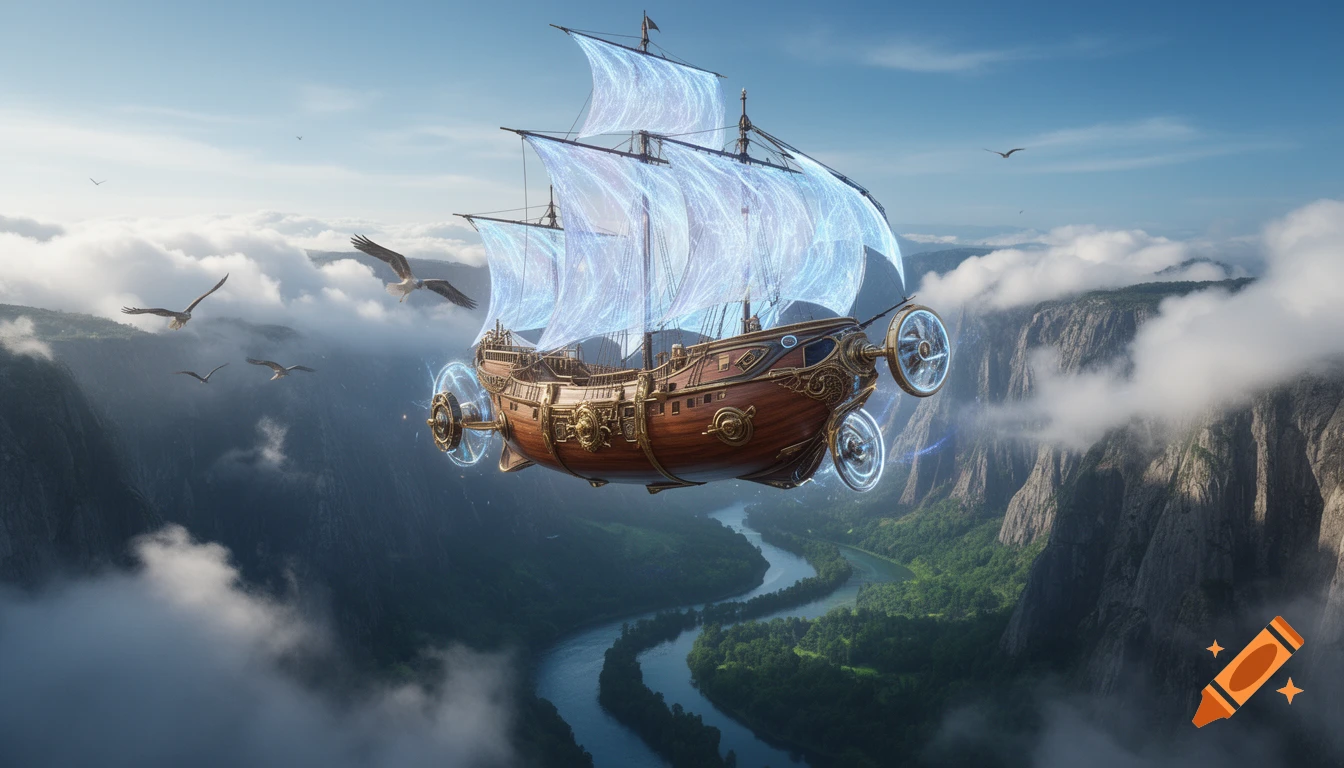 Photorealistic epic fantasy steampunk airship with glowing sails soaring above a deep mountain canyon with a winding river, clouds, and eagles.