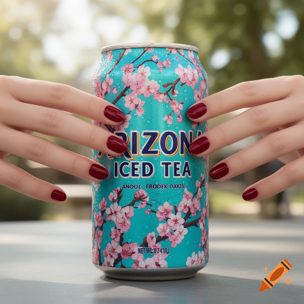 A cold Arizona Iced Tea can with pink cherry blossoms held by hands with dark red manicured nails outdoors.