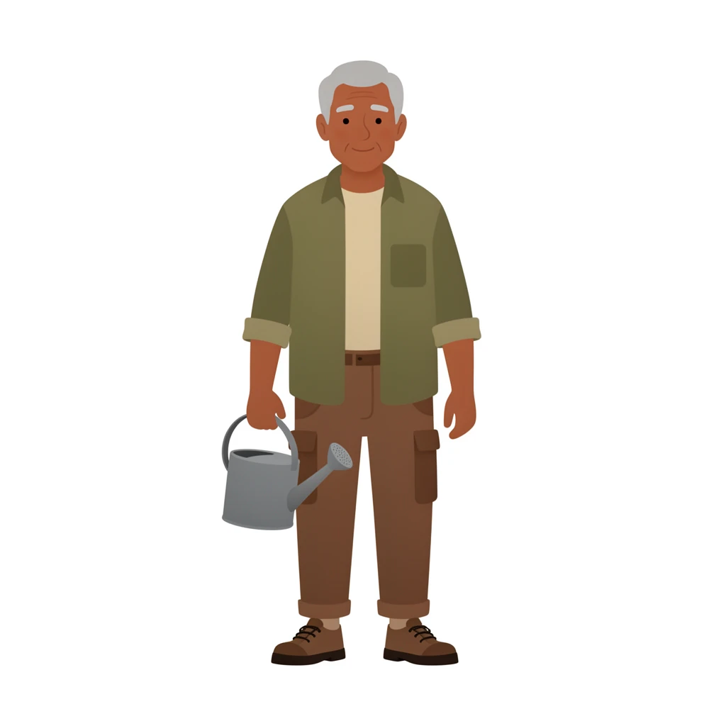 contemporary 2D stock illustration, clean simplified natural forms, flat color areas with gentle soft gradient shading, rounded believable proportions, restrained detail, no outer outlines, no texture or grain, non-photorealistic. An older man standing with a small watering can held at his side, full body, centered on a pure white background. Palette-disciplined colors: one dominant clothing color, one or two harmonizing secondary colors, neutrals where appropriate, and one small accent. Gray hair, medium brown skin, rolled sleeves, olive overshirt, light shirt, brown trousers with practical pockets, sturdy garden shoes. Clear readable silhouette with comfortable padding, no cast shadow, no floor shadow, no extra scenery.
