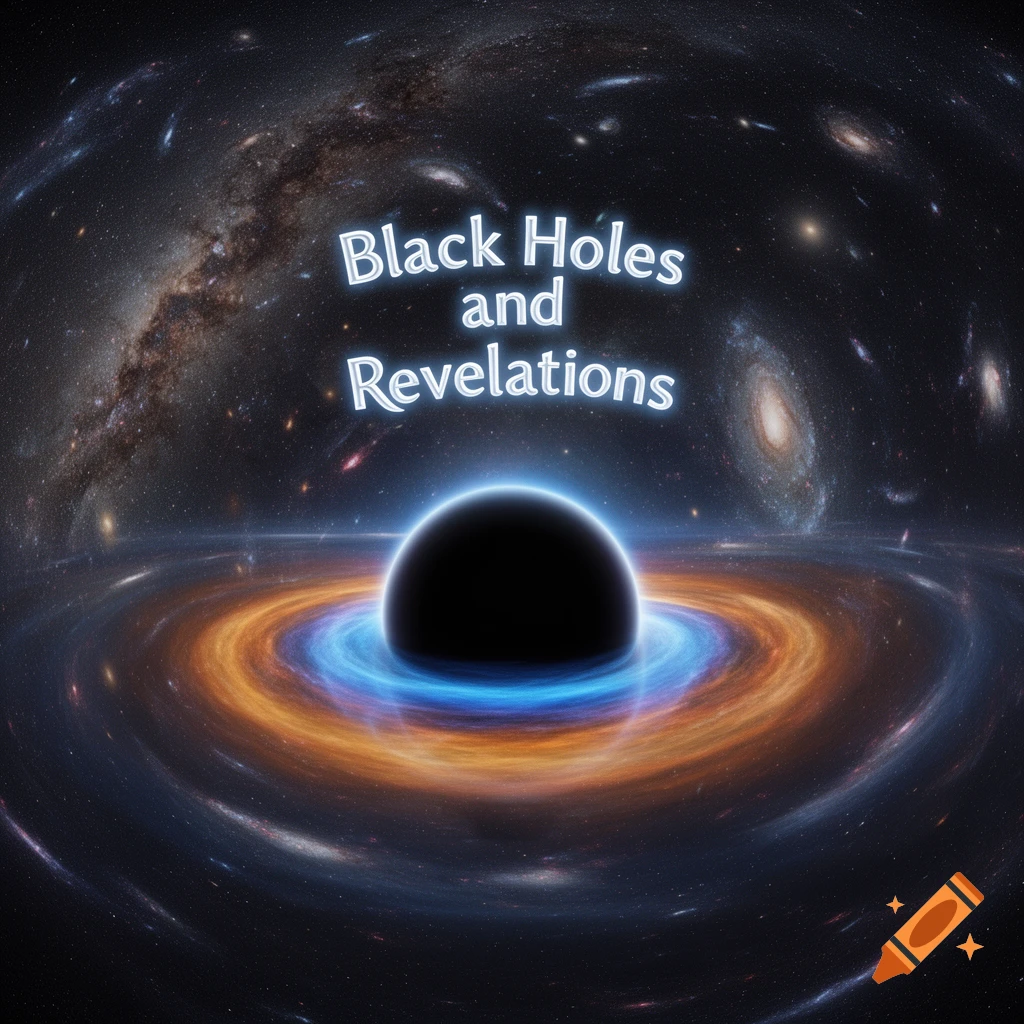 A black hole with a vibrant blue and orange accretion disk, surrounded by distant galaxies and stars. The text 'Black Holes and Revelations' floats above.