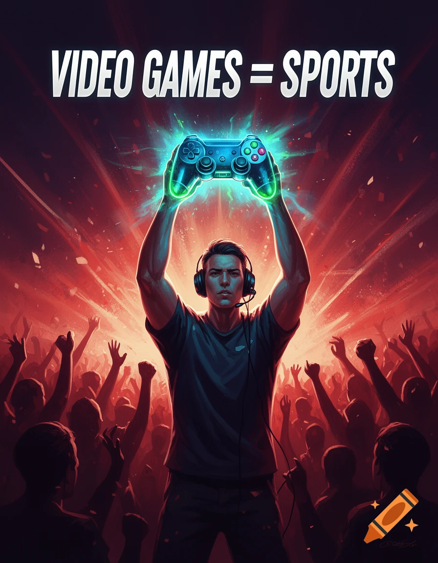 A dynamic poster of a gamer holding a glowing controller above a cheering crowd, with the text 'VIDEO GAMES = SPORTS' at the top.