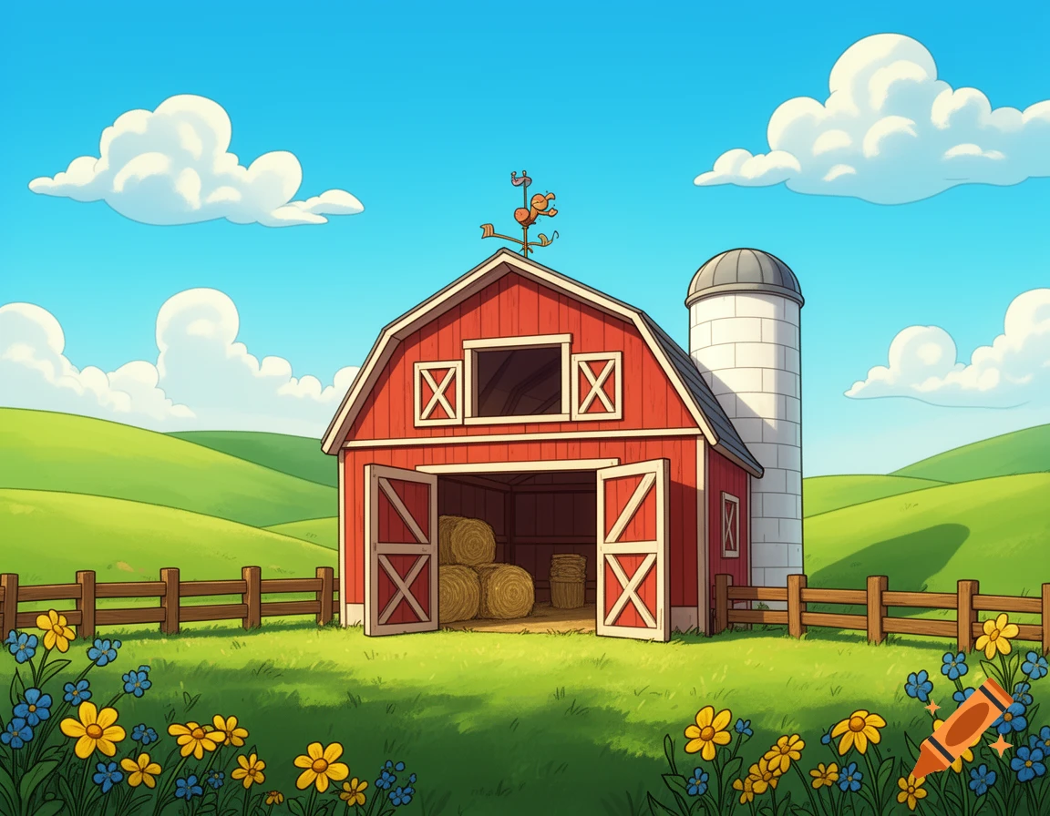 Cartoon landscape with a red barn, white silo, wooden fence, green hills, blue sky, and colorful flowers in the foreground.