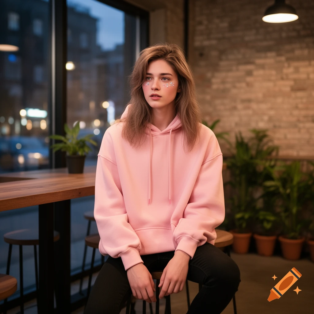 A young person in a pink hoodie with glitter on their face sits on a stool in a cafe, looking to the side.