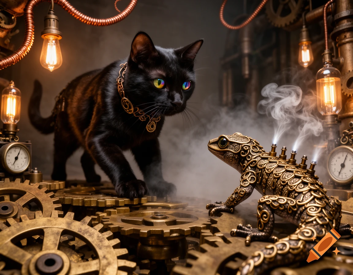 A black cat with colorful eyes gazes at a golden steampunk gecko, surrounded by gears and steam.