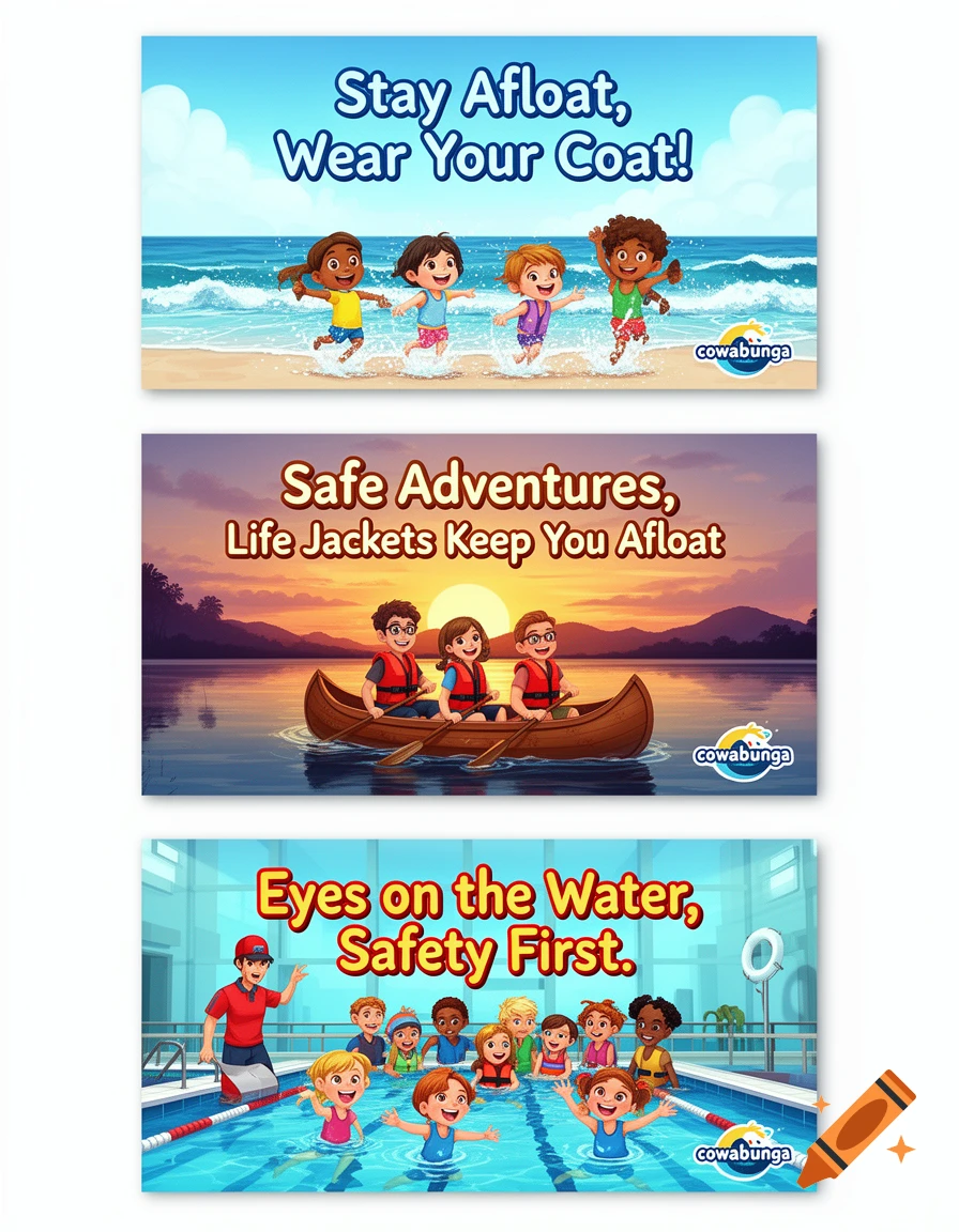 Three cartoon water safety posters: kids on a beach, in a canoe on a lake, and swimming in a pool, each with a slogan and 'cowabunga' logo.