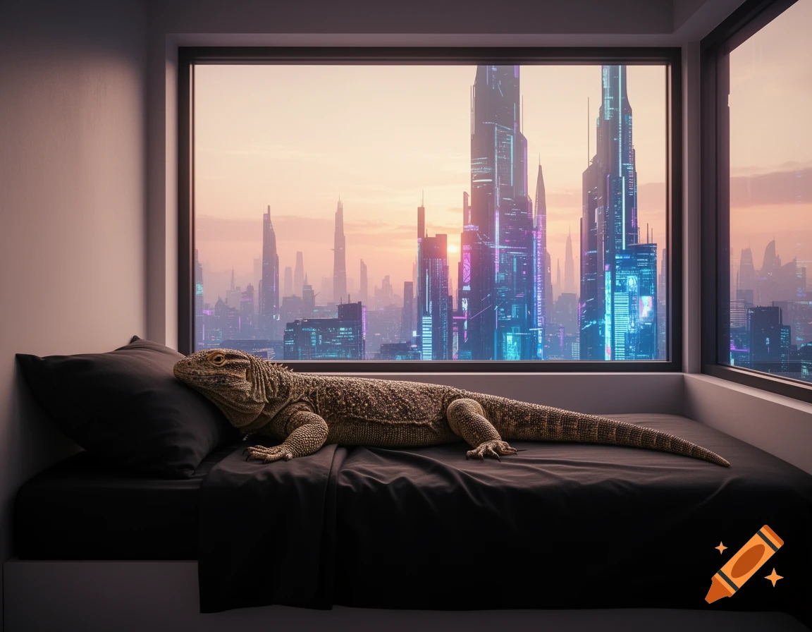 A photorealistic image of a monitor lizard sleeping on a black bed, overlooking a vibrant cyberpunk city at sunset from a window.