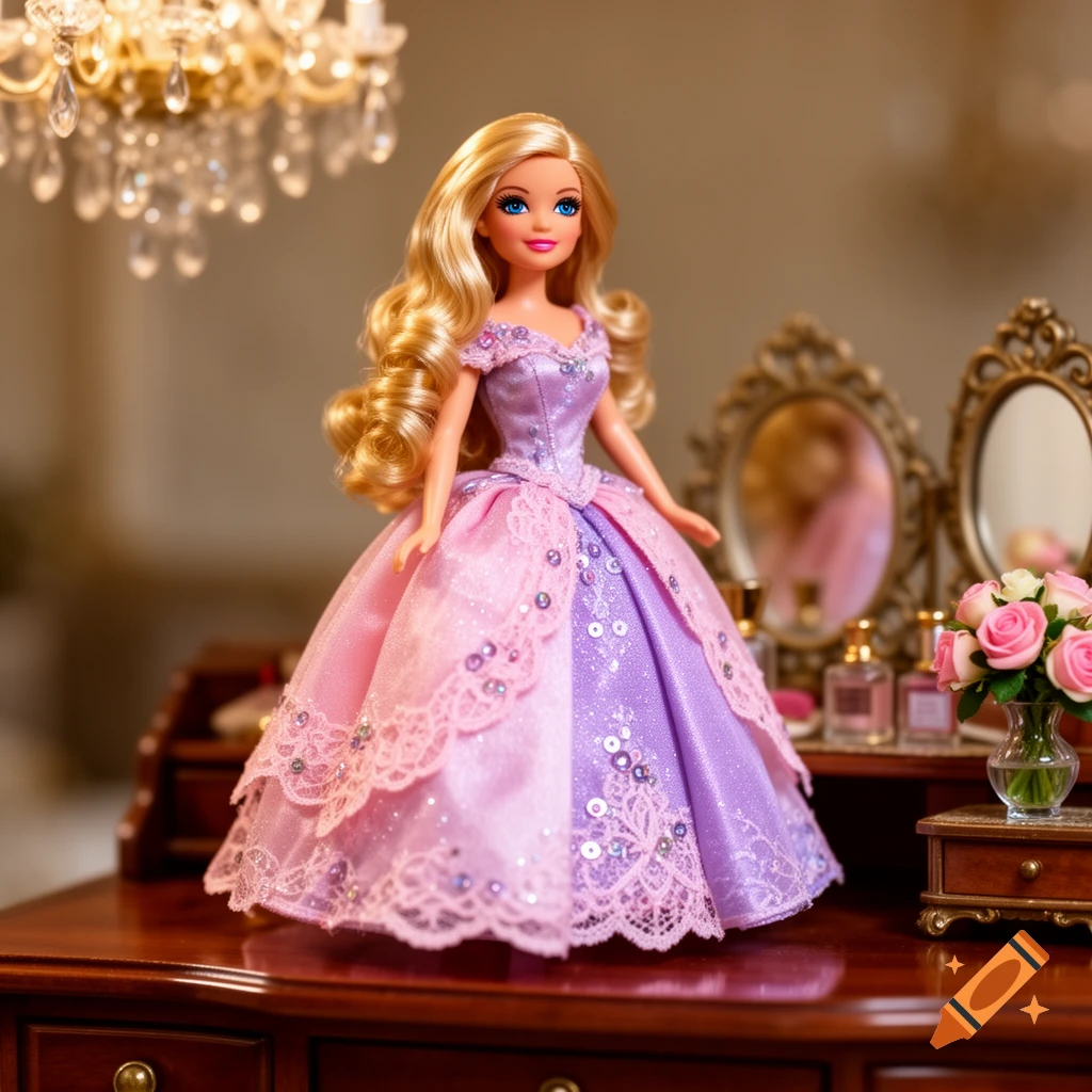A blonde Barbie doll with blue eyes in a sparkly pink and purple ball gown stands on a wooden dresser with a chandelier and mirrors in the background.