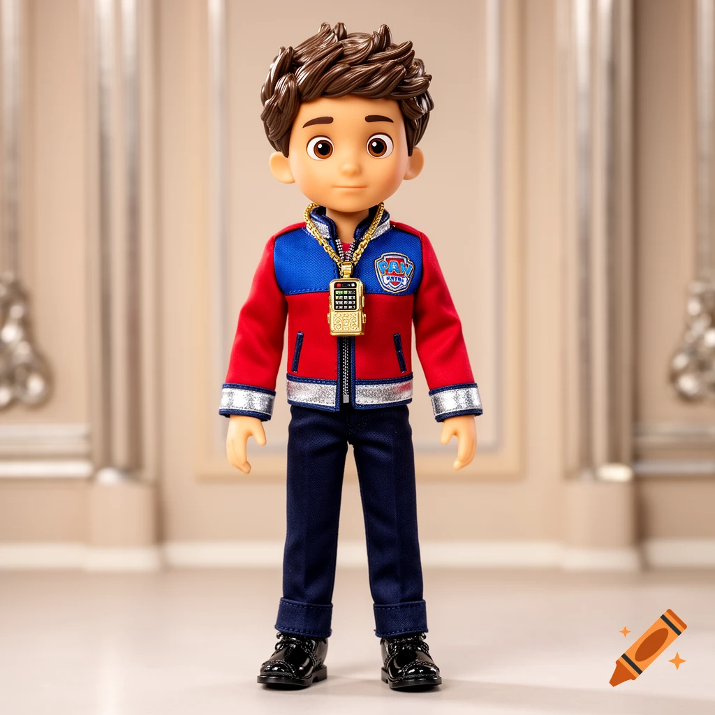 A doll of Paw Patrol's Ryder in a red and blue jacket, dark pants, and black shoes, wearing a golden chain.