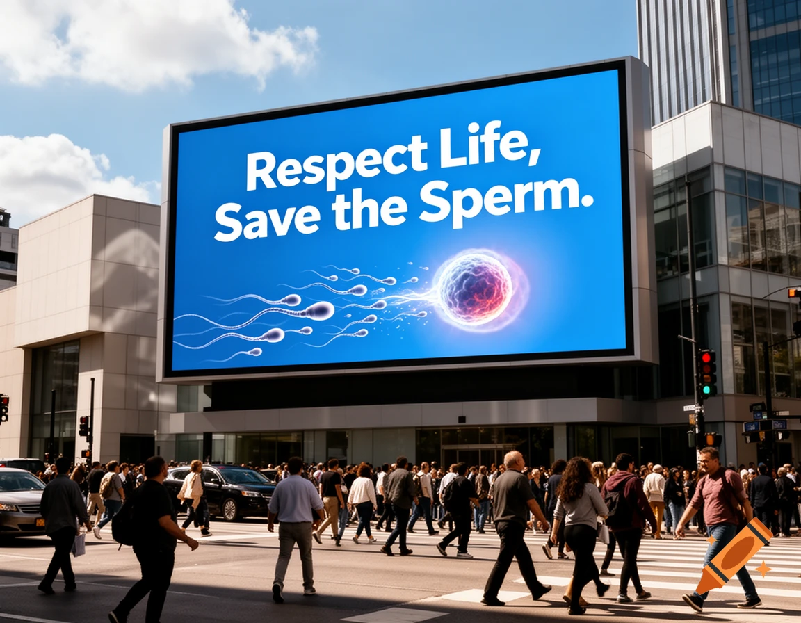 A busy city street with pedestrians crossing, dominated by a large billboard displaying 'Respect Life, Save the Sperm' and an illustration of sperm and an egg.