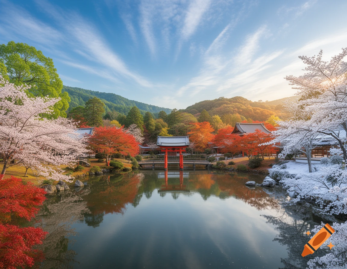 Photorealistic Japanese landscape with a temple and lake, featuring trees in spring blossoms, summer green, autumn red, and winter snow.