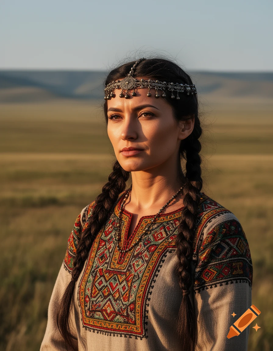 A woman with dark braids and a silver headdress, wearing an embroidered traditional dress, stands in a golden field at sunset.