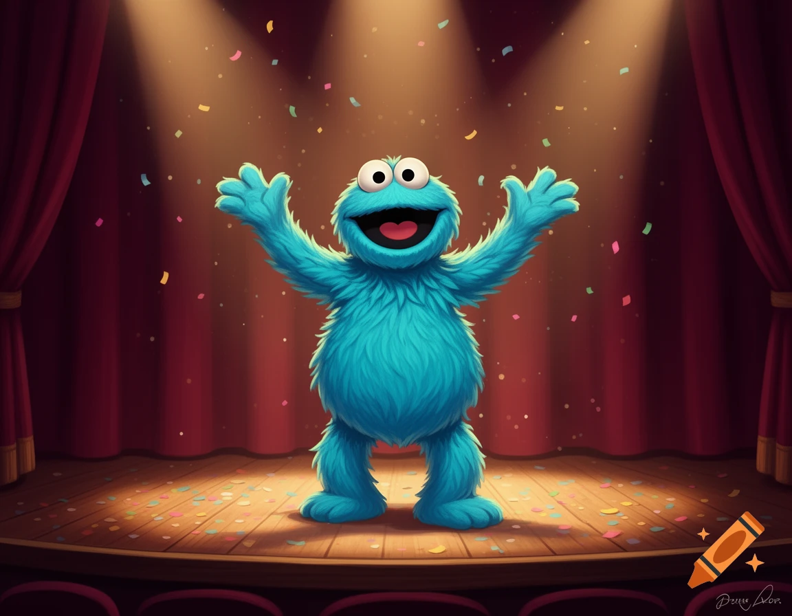 A happy blue furry monster, like Cookie Monster, stands on a spotlight-lit stage with red curtains and falling confetti, arms raised in excitement.