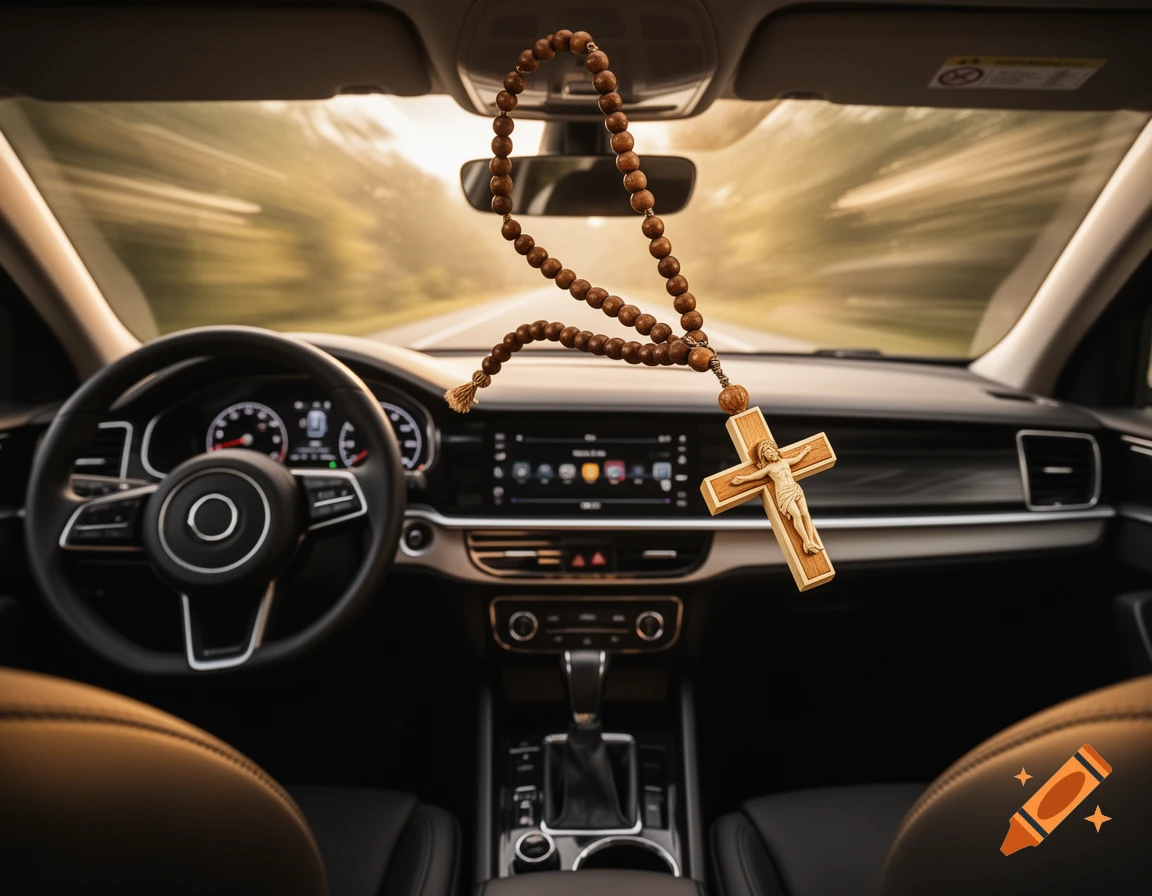 A wooden rosary with a crucifix hangs from a car's rearview mirror, seen from the driver's perspective on a sunny road.