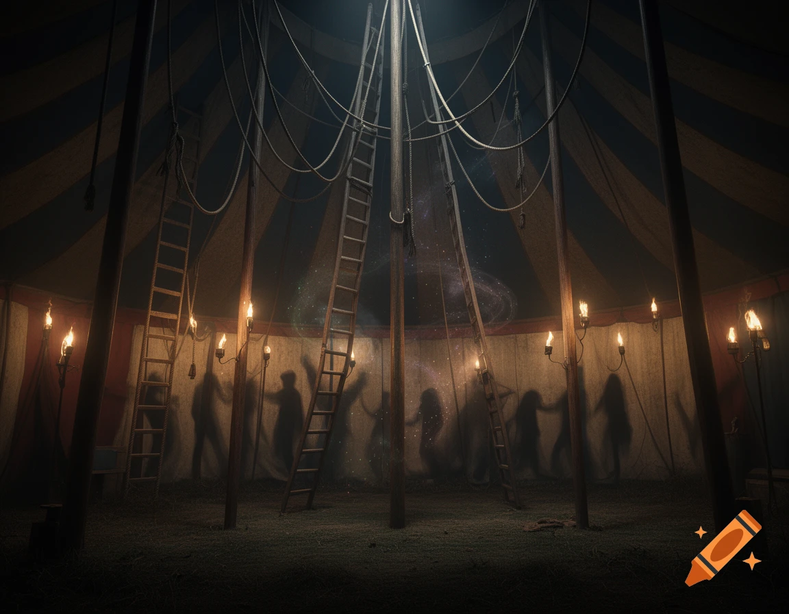 Dark circus tent interior with shadowy figures, ladders, and glowing oil lamps, under a magical light.