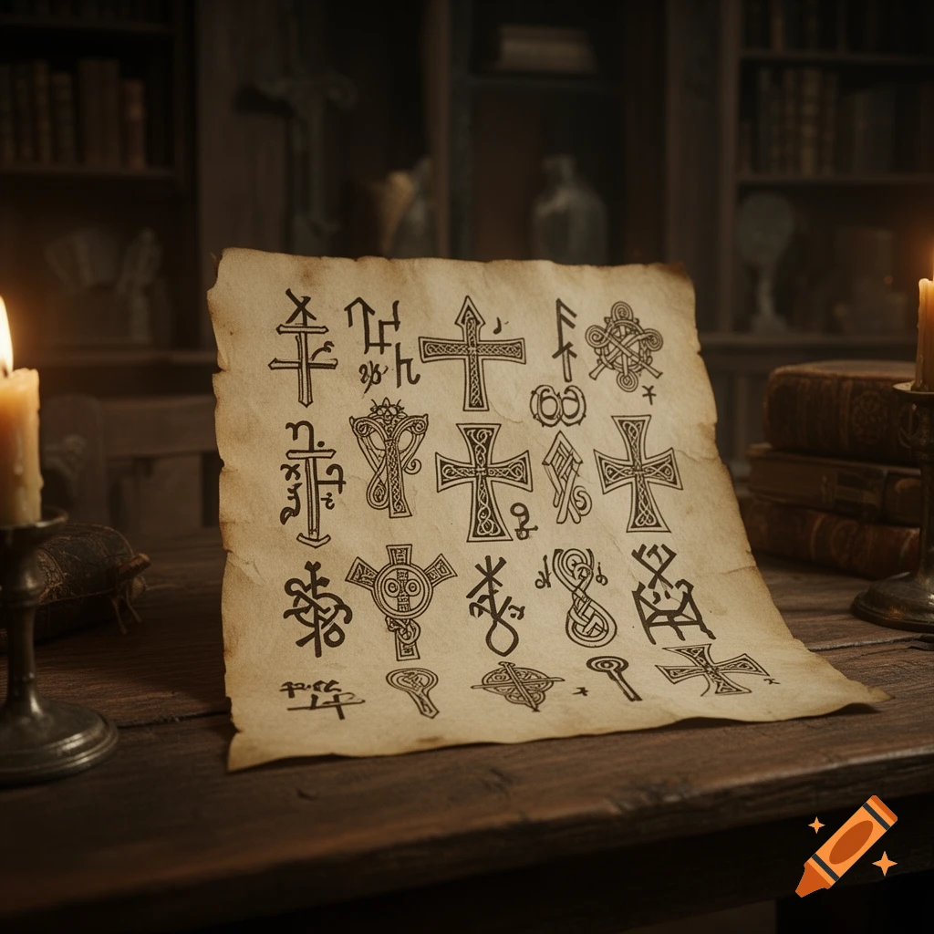 A piece of aged parchment covered with intricate, ancient-looking symbols sits on a wooden desk, illuminated by a candle flame. Books are stacked in the background.