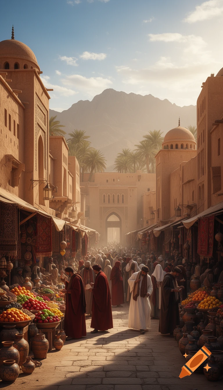 A bustling market in a photorealistic ancient desert city, with people in robes, sandstone buildings, fruit stalls, and mountains under a golden sky.