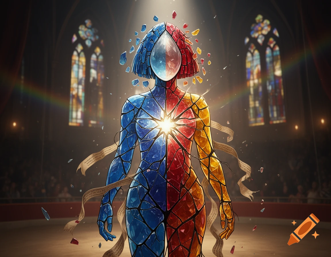 A stylized humanoid figure, composed of red, blue, and yellow stained glass shards, stands in a dark, vaulted church hall with colorful stained-glass windows. Light radiates from its chest, and ribbons are entwined around its body.