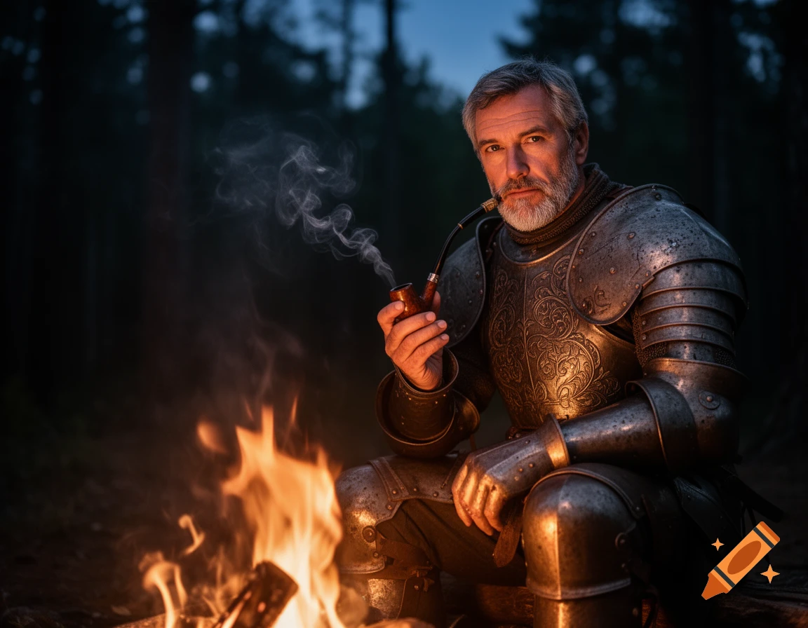 Photorealistic image of a middle-aged knight in shining armor smoking a pipe by a warm campfire in a dark forest.