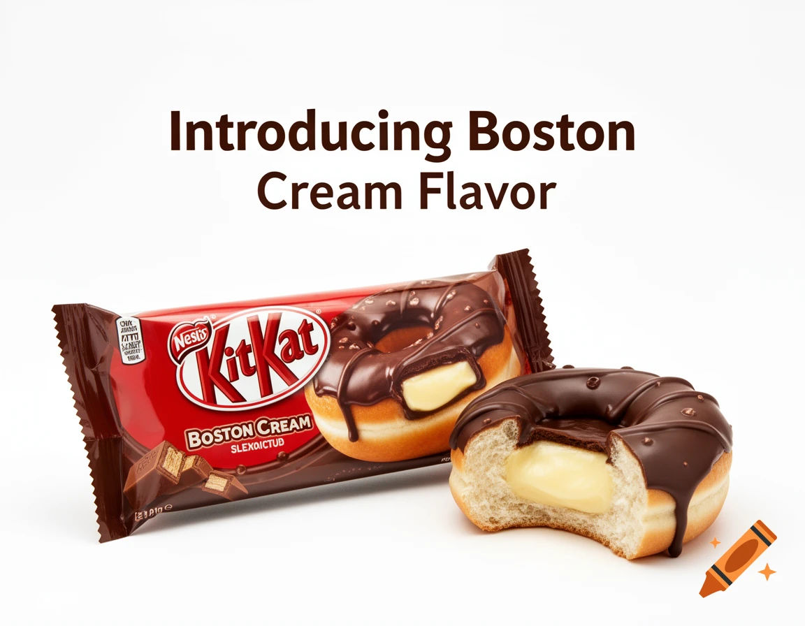 A Kit Kat bar and a half-eaten Boston cream donut on a white background, promoting a new Kit Kat flavor.