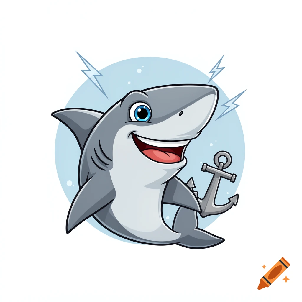 A friendly, smiling cartoon shark with blue eyes, holding a gray anchor, with lightning bolts in a circular blue background.