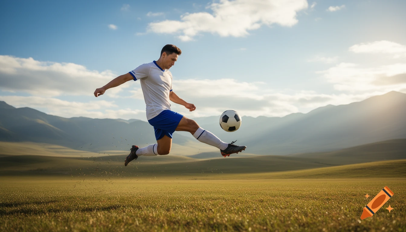 A male soccer player in a white and blue uniform kicks a soccer ball in a grassy field with mountains and a clear sky.