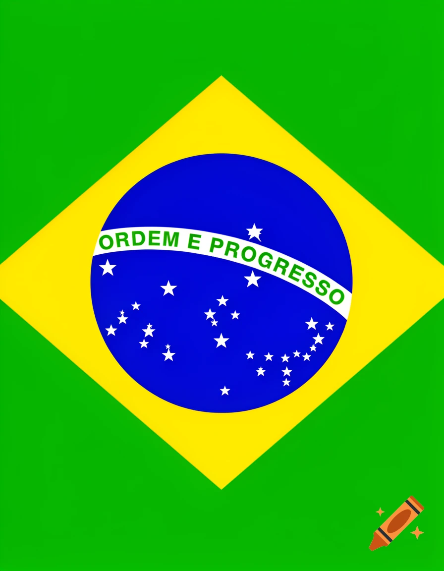 The Brazilian flag, featuring a green field, a large yellow rhombus, and a blue globe with the motto "ORDEM E PROGRESSO" and stars.