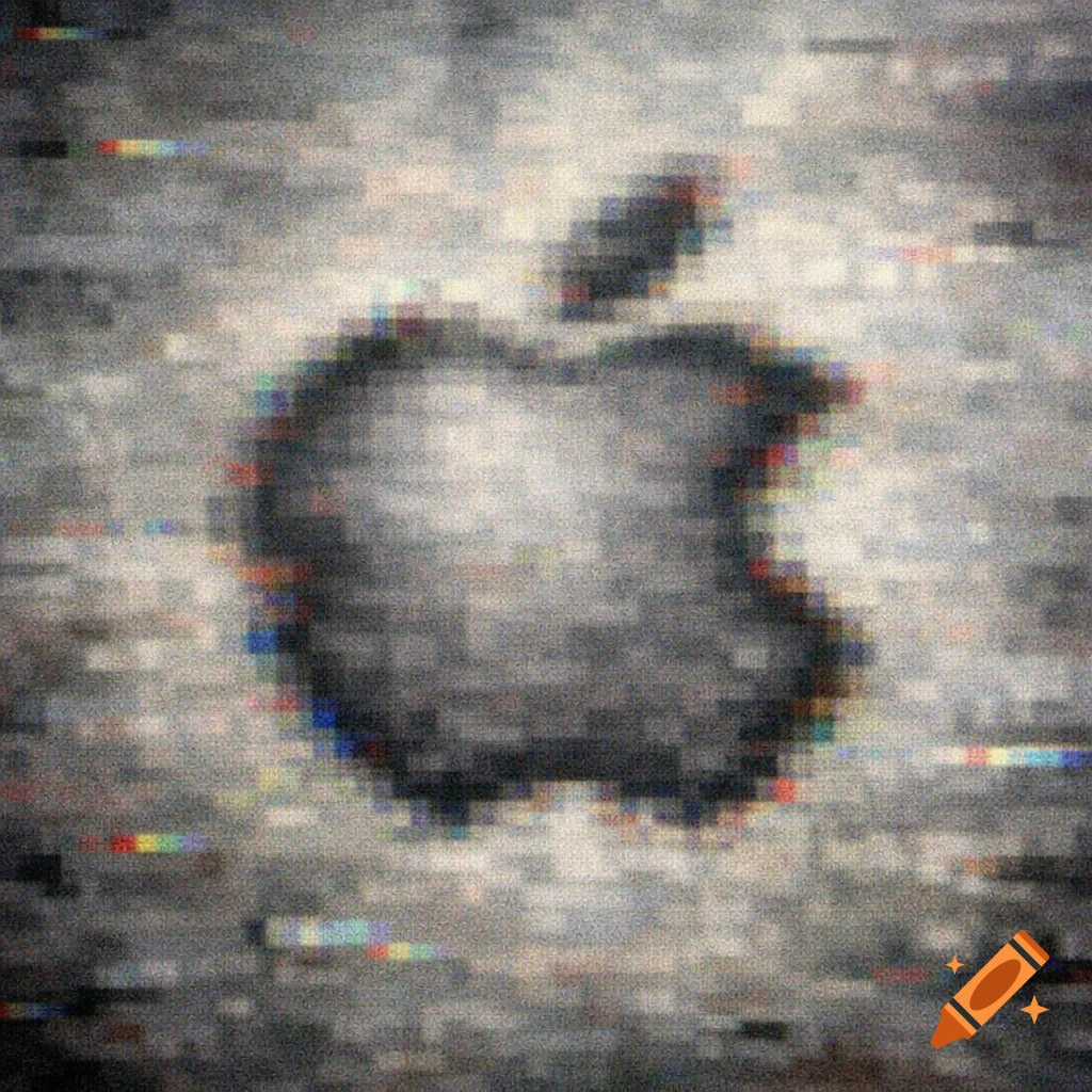 Highly pixelated, dark gray Apple logo with colorful glitch lines on a blurry static-like background.
